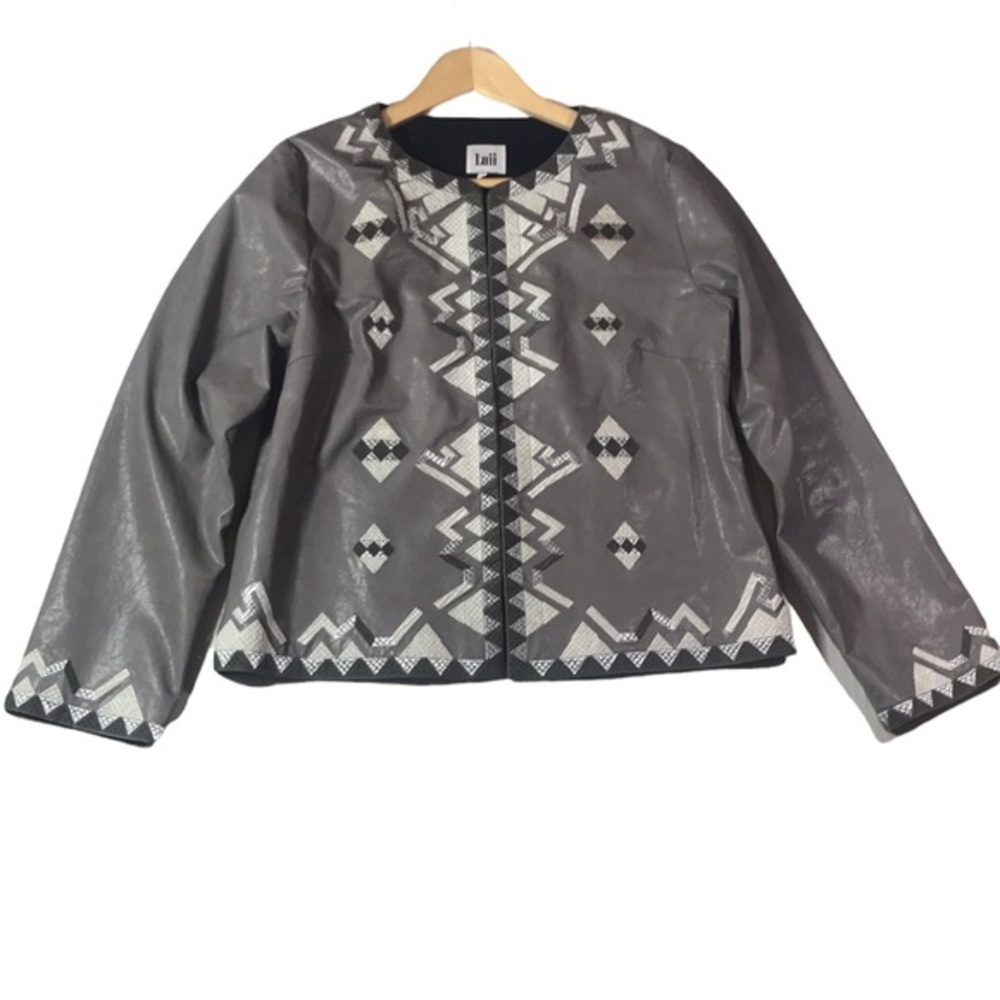 Luii Gray PU Faux Leather Aztec Inspired Design Jacket Size Medium - Picture 1 of 10